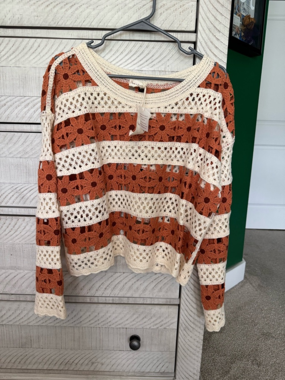 Hem & Thread Crochet Pullover in Rust and Cream